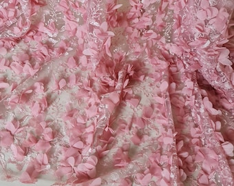 LL-1455, Lovely bridal lace fabric with big 3d flowers in pink color