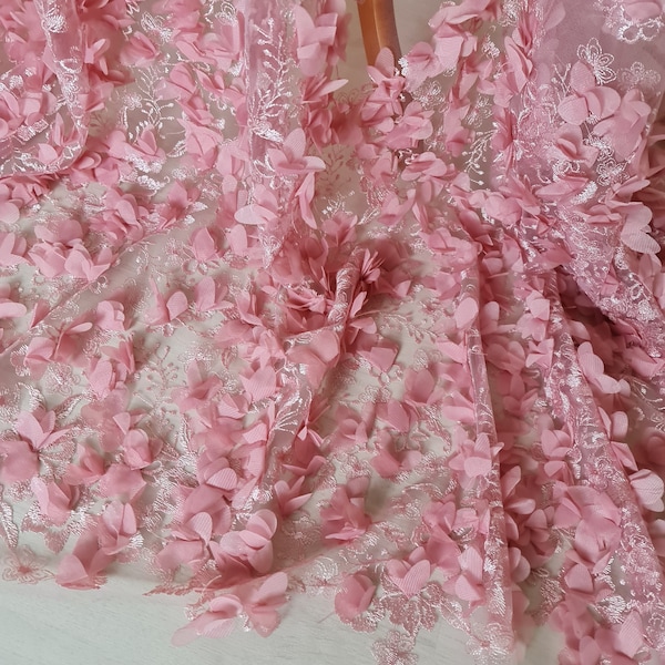 LL-1455, joli tissu en dentelle de mariée avec de grandes fleurs 3D de couleur rose