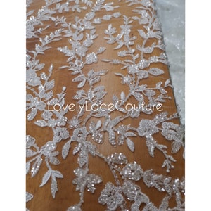 Beaded Flower bridal lace fabric with transparent sequins, Couture Lace Fabric, luxurious beaded wedding dress lace, designer lace LL-1376