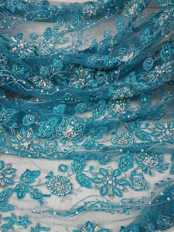 Mint Green Bridal Mesh Net Fabric Long Dress Design French Sequins Petal  Net Lace Beading Materials