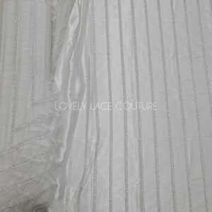 Beautiful modern lace fabric with beads and sequins in white color, bridal lace by yards, Couture Lace Fabric, wedding dress lace LL-1435