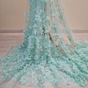 LL-1452, soft bridal lace fabric with big 3d flowers in mint color