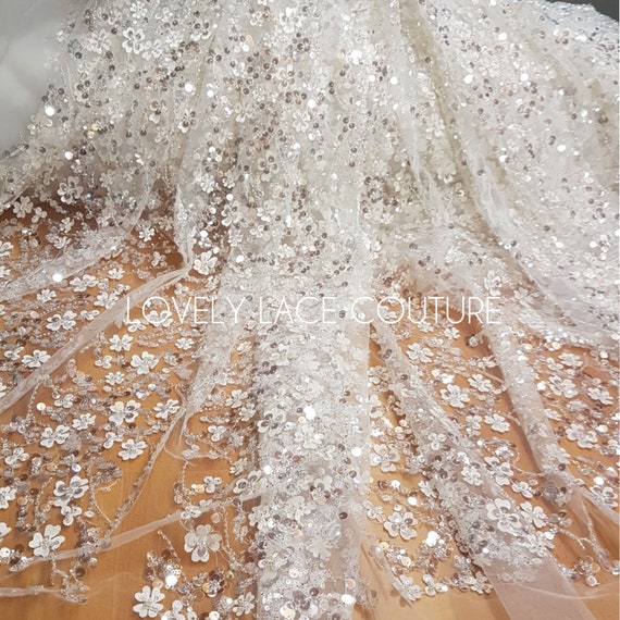 LL-1384, 3D Flower Lace Fabric, Beaded Bridal Couture With Crystal Sequins  - Etsy