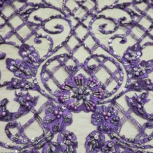 Ornamental lace fabric in purple color, Colored Bridal lace fabric, Embroidered lace fabric for wedding dresses or evening dresses LL-1308