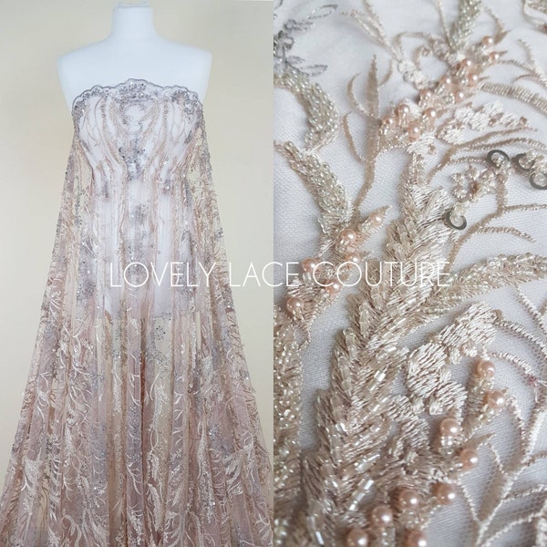 Wonderful 3D-Lace fabric with abstract desgin, Colored bridal lace, Wedding Lace Fabric, Embroidered lace in rosé-beige-silver color LL-1334