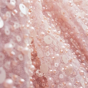 Amazing beaded bridal lace fabric with big sequins in rosé, Pallas Couture Lace Fabric, luxurious beaded wedding lace, designer lace LL-1296