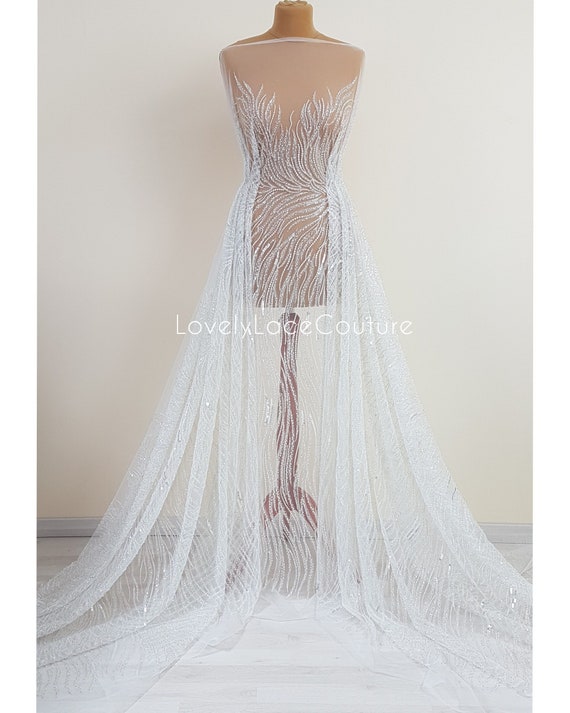 Wunderschöne Brautspitze mit abstraktem Wellendesign, Designer Couture Spitze in Elfenbeinfarbe, moderne Hochzeitspitze LL-1390