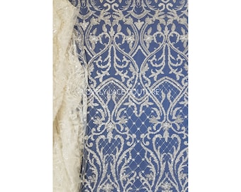 LL-1477, White Geometric Bridal Lace Fabric with Sequins, Couture Wedding Dress Lace