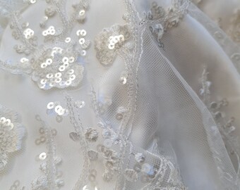 Beaded Bridal Lace Fabric, Flower Design, Off-White Sequins