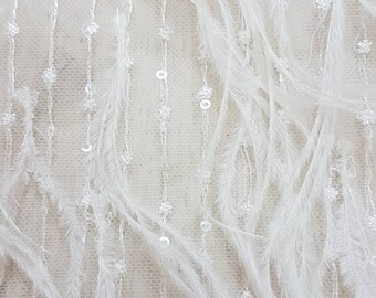 LL-1110, White 3D French Lace Fabric with Feathers and Sequins