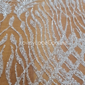 LL-1375, Tecido de renda com miçangas, tule branco-creme com lantejoulas, estampa abstrata