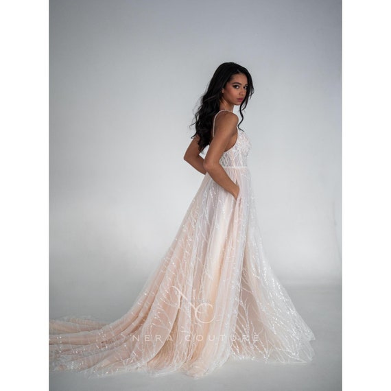 Unique a Line Weddingdress With Long Sleeves and Wide Skirt in Champagne- pink / Blush Color, NC-E2297 - Etsy UK