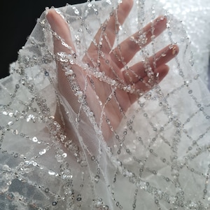 LL-1481, modern beaded bridal lace fabric with abstract net design in white color
