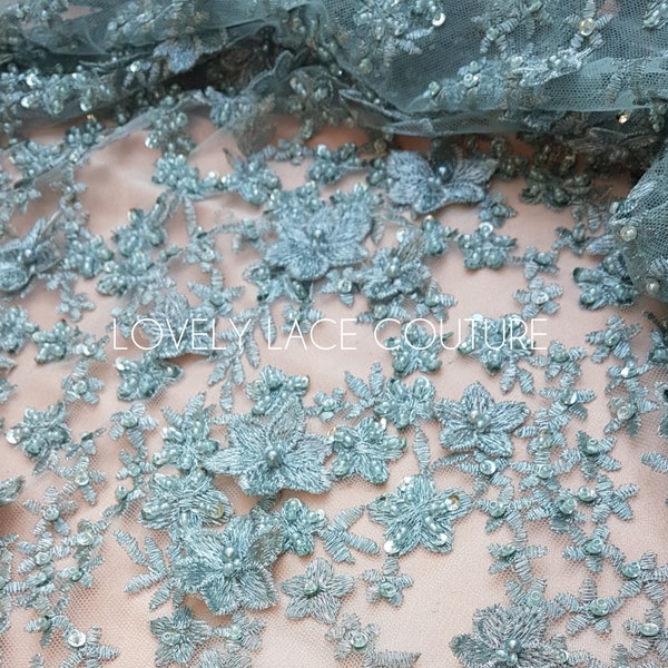 Tela de encaje floral 3D: encaje nupcial bordado, azul o rosado