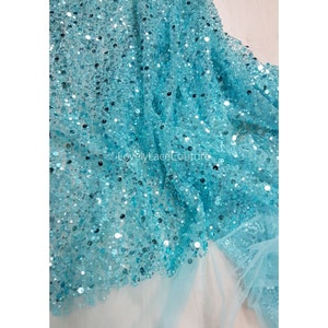 Beaded bridal lace fabric with big sequins in aqua blue color, Pallas Couture Lace Fabric, beaded wedding dress lace, designer lace LL-1442