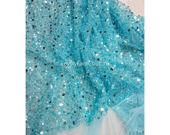 Aqua Blue Beaded Bridal Lace Fabric, Sequined Wedding Dress Lace