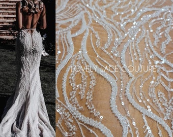 Heavy beaded lace fabric, white bridal lace, Fabric by yard, luxurious wedding Lace, Sew your own Couture dress LL-1374