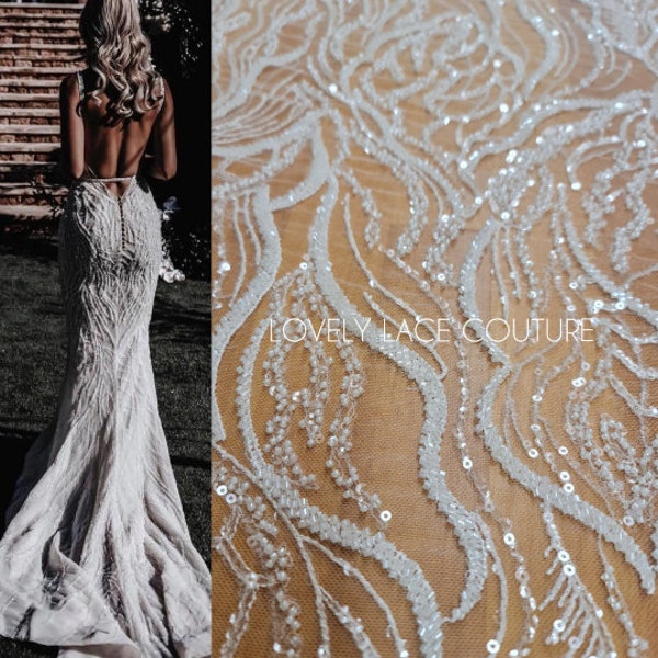 Heavy beaded lace fabric, white bridal lace, Fabric by yard, luxurious wedding Lace, Sew your own Couture dress LL-1374