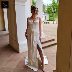 PRE-ORDER, handmade draped wedding dress fit and flare bridal dress sexy mermaid weddingdress with lace corset and a draped skirt with slit