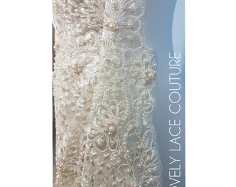 Beaded Flower Lace Fabric, wedding lace fabric in Ivory, bridal lace, embroidery lace fabric, wedding dress lace LL-1313