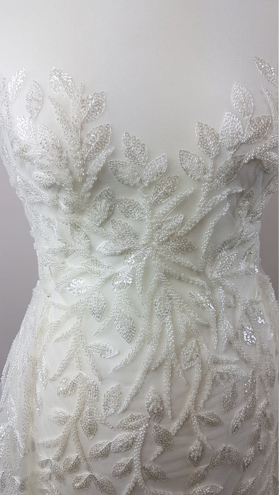 LL-1101, White Leaf Lace Fabric, Transparent Sequins, Bridal Wedding Lace