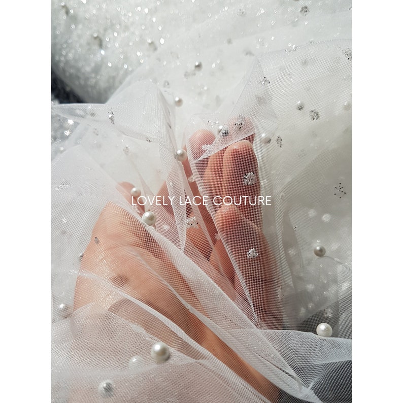 Soft Pearl-Tulle Fabric with glitter for bridal veils and wedding dresses, beautiful bridal tulle fabric, veil tulle, tulle in white LL-1464 image 2