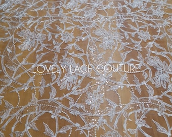 White Floral Lace Fabric with Sequins for bridal dresses LL-1102