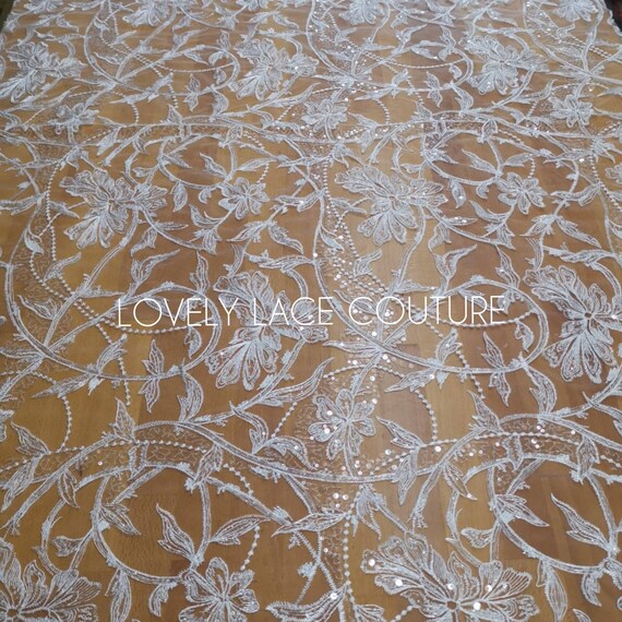 White Floral Lace Fabric with Sequins for bridal dresses LL-1102