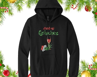 Sudadera Drink Up Grinches Vino GLITTER FLAKE Vinilo prensado con calor (no diamantes de imitación) Regalo navideño Sudadera unisex con capucha o cuello redondo