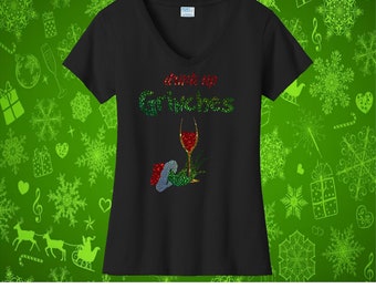 Camiseta de cuello en V navideña con holograma y purpurina "Bebe hasta los Grinches"