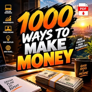 May include: A digital graphic titled 1000 WAYS TO MAKE MONEY with icons for online business, investments, freelancing, and side hustles. Below, a stack of 100 dollar bills, a notebook with the text DREAM PLAN DO REPEAT, and a mug with GOOD IDEAS = INCOME.