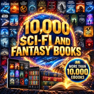 以下が含まれることがあります： 1万冊のSF・ファンタジー電子書籍コレクション。書籍カバーのグリッド、ライブラリ画面を表示したタブレットとスマートフォン、古い本の積み重ね、そして黄金の光を放つ開かれた本が描かれています。