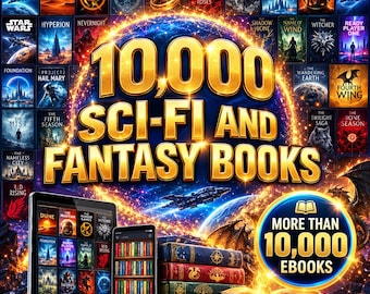 Può includere: Una collezione digitale di 10.000 libri di fantascienza e fantasy con una griglia di copertine, un tablet e uno smartphone con interfacce di libreria, una pila di libri antichi e un libro aperto con una luce dorata brillante.