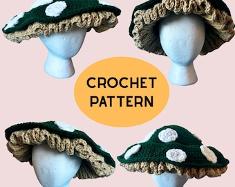 May include: Four crochet mushroom hats in a collage. The hats are dark green with white spots and a tan ruffled brim. The hats are displayed on white mannequin heads. The text "CROCHET PATTERN" is in a yellow circle.