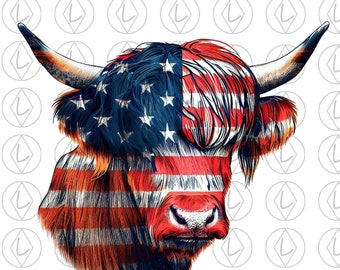 Patriotic Highland Cow PNG, American Flag Design (Instant Download)