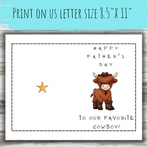 Fathers Day Card Printable Cowboy Dad Card INSTANT DOWNLOAD Father's Day Cow Card Highland Cow Card For Him Cowboy Card Printable Gift image 2