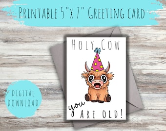 Highland Cow Birthday Card, Funny Holy Cow Pun (Digital Download)