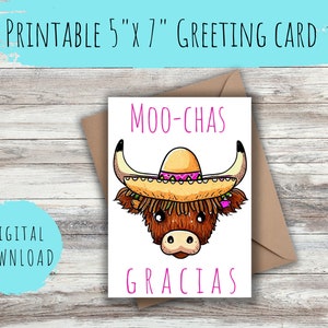 Moochas Gracias Printable Thank You Card INSTANT DOWNLOAD Highland Cow Card Thankful For You Card Cute Cow Printable