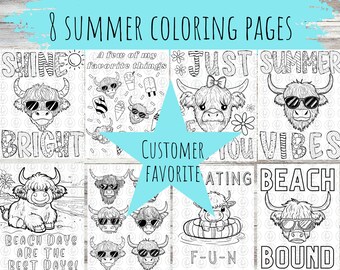 Highland Cow Coloring Pages Summer Coloring Pages INSTANT DOWNLOAD Coloring Printable Cow Coloring Sheets Road Trip Coloring Activities