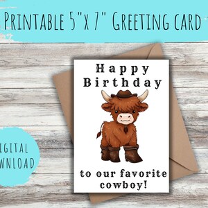 Verjaardagskaart afdrukbare cowboykaart INSTANT DOWNLOAD Koe kaart Highland Cow kaart voor hem Cowboy afdrukbare verjaardagscadeau verjaardagskaart voor jongen