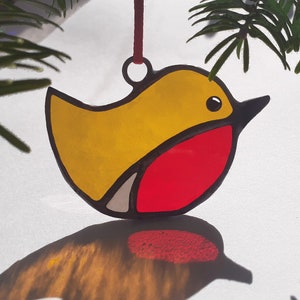 Handmade winter red robin suncatcher. Cheerful glass bird for your window.  An all year round beautiful present to remember loved ones