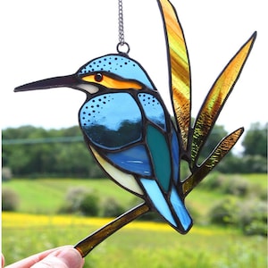 A stained glass majestic blue & orange kingfisher suncatcher. A nature inspired gift, perfect for bird lovers. Christmas gift for bird lover
