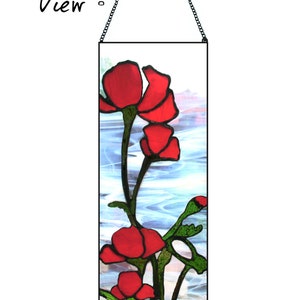 Hand made stained glass suncatcher panel. Tall red poppies on a wispy white swirled glass background. Window glass hanging on matching chain image 3