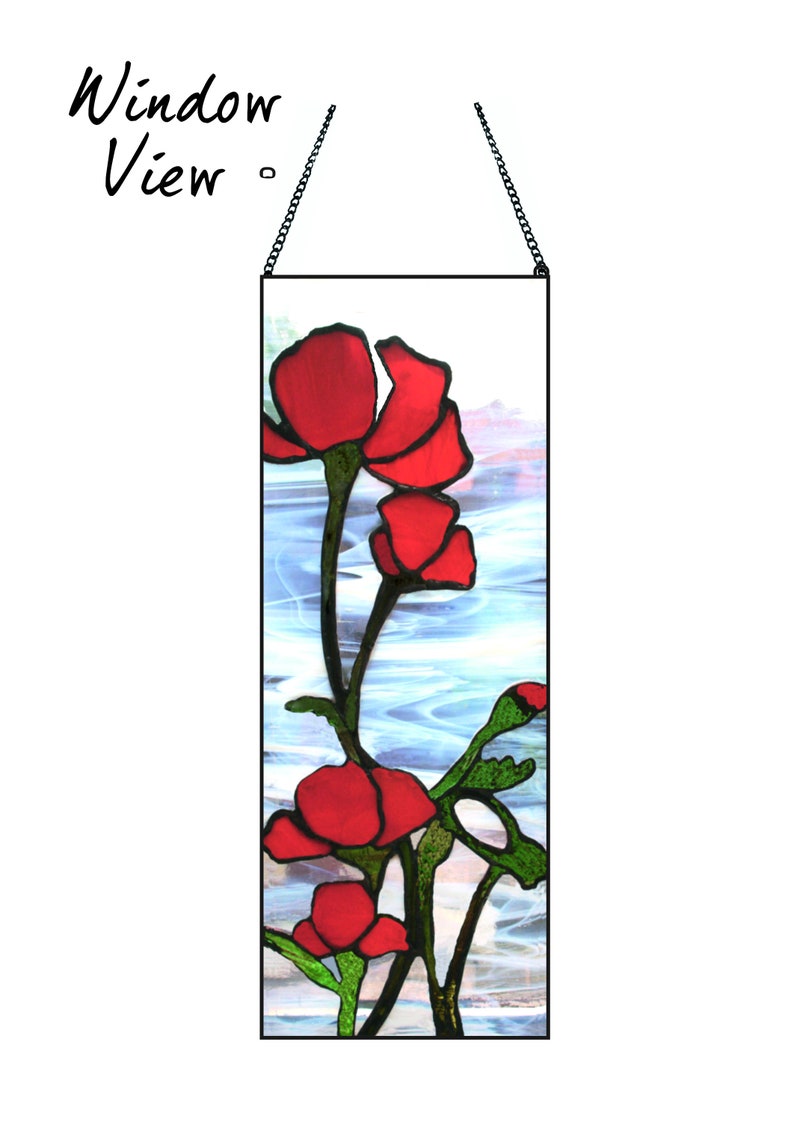 Hand made stained glass suncatcher panel. Tall red poppies on a wispy white swirled glass background. Window glass hanging on matching chain image 3