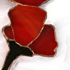 Hand made stained glass suncatcher panel. Tall red poppies on a wispy white swirled glass background. Window glass hanging on matching chain image 4