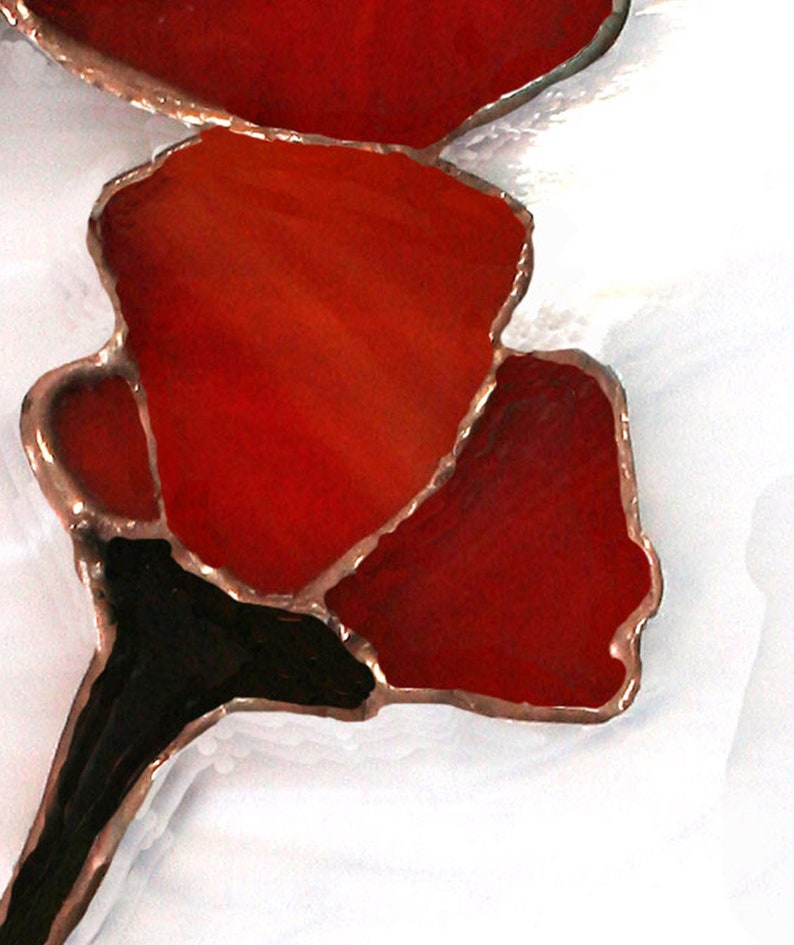 Hand made stained glass suncatcher panel. Tall red poppies on a wispy white swirled glass background. Window glass hanging on matching chain image 4