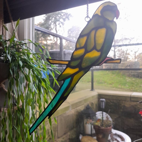 Stunning Stained Glass Indian Ringneck Parrot or Parakeet, Stained