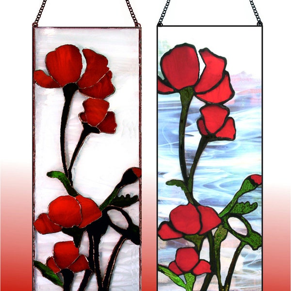 Hand made stained glass suncatcher panel. Tall red poppies on a wispy white swirled glass background. Window glass hanging on matching chain