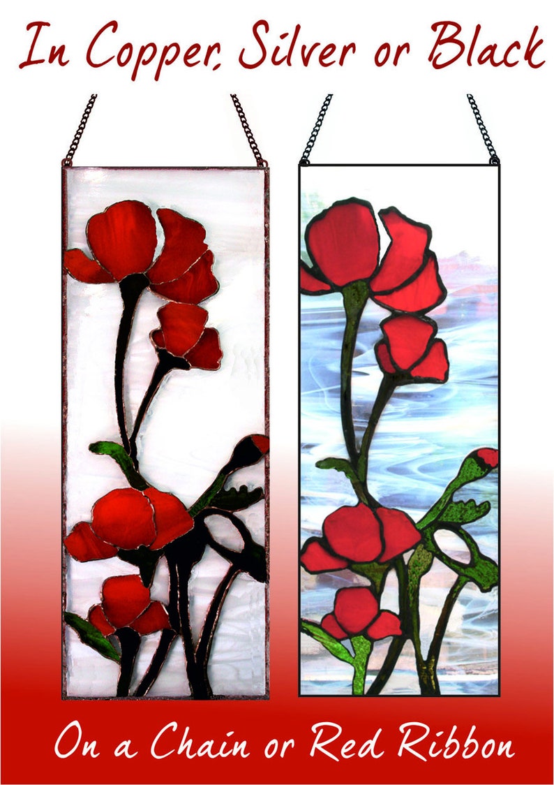 Hand made stained glass suncatcher panel. Tall red poppies on a wispy white swirled glass background. Window glass hanging on matching chain image 1