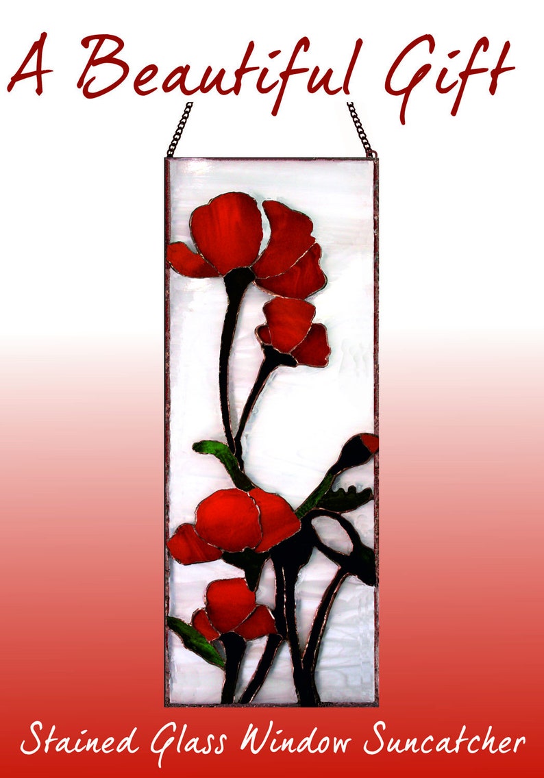 Hand made stained glass suncatcher panel. Tall red poppies on a wispy white swirled glass background. Window glass hanging on matching chain image 2